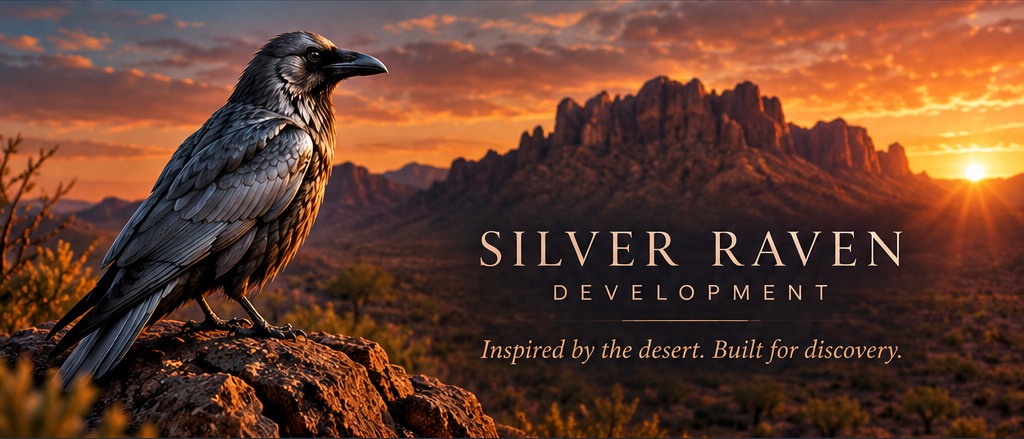 Silver raven overlooking Arizona's Superstition Mountains at sunset; Silver Raven Development — Inspired by the desert. Built for discovery.